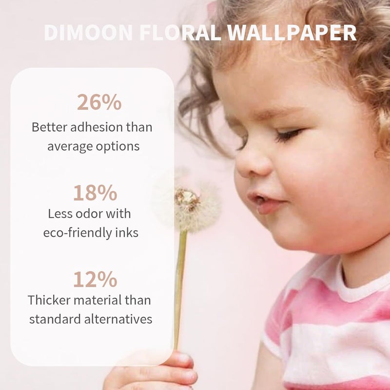Dimoon 362"x17.3" Peel and Stick Wallpaper Pink Floral Boho Cute Contact Paper Pink Girly White Flower Wallpaper Removable Dorm Girls Wall Paper Self Adhesive Modern Kitchen Bedroom Vinyl Roll - Image 3